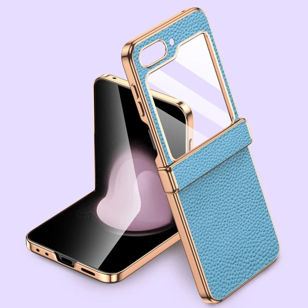 seraCase Cowhide Leather Galaxy Z Flip5 Case with Tempered Glass for For Galaxy Z Flip5 / Blue