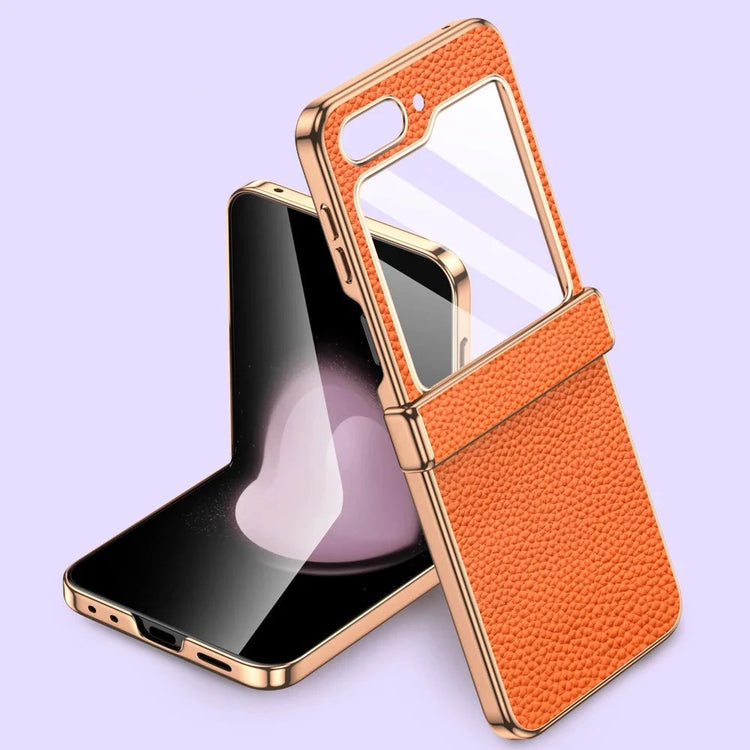 seraCase Cowhide Leather Galaxy Z Flip5 Case with Tempered Glass for For Galaxy Z Flip5 / Orange