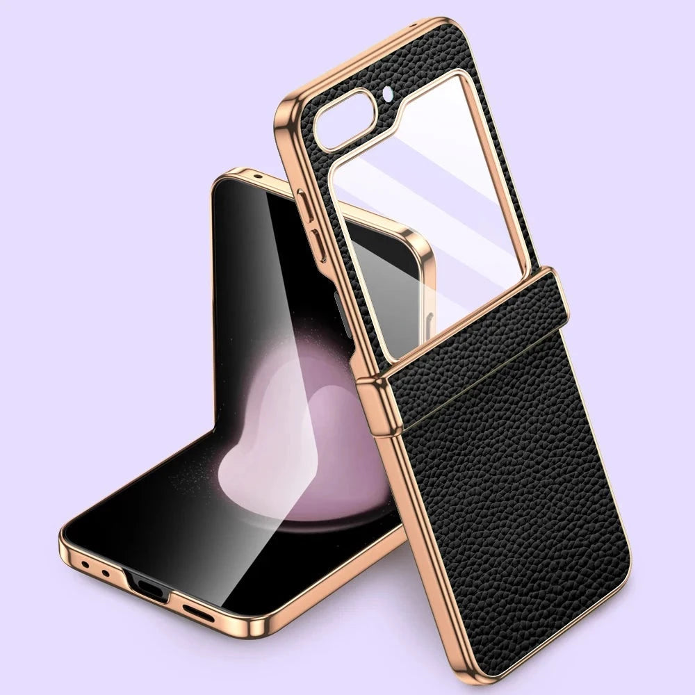 seraCase Cowhide Leather Galaxy Z Flip5 Case with Tempered Glass for For Galaxy Z Flip5 / Black