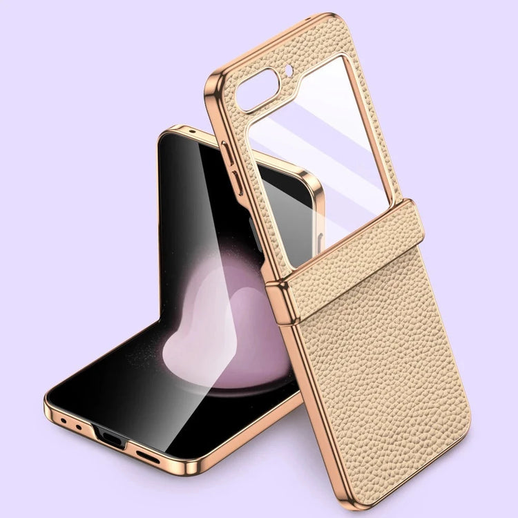 seraCase Cowhide Leather Galaxy Z Flip5 Case with Tempered Glass for For Galaxy Z Flip5 / Beige