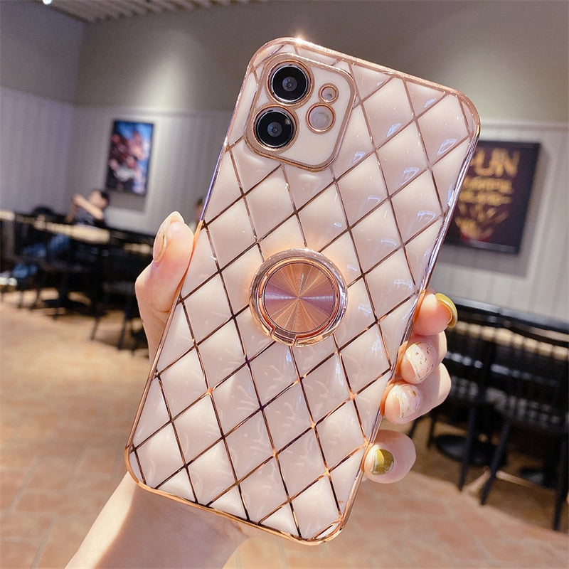 seraCase Gold Plated Lattice Design iPhone Case with Metal Ring for iPhone 14 Pro Max / Pink