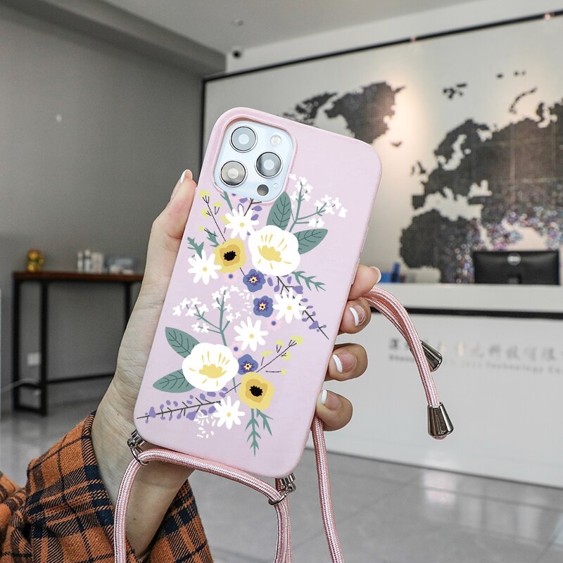 seraCase Floral iPhone Case with Lanyard for iPhone 13 Pro / Pink White Flower